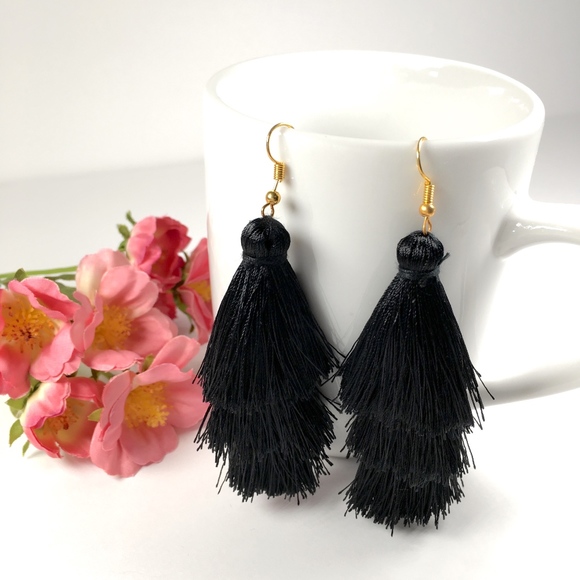 Jewelry - Black Tiered Tassel Drop Dangle Earrings